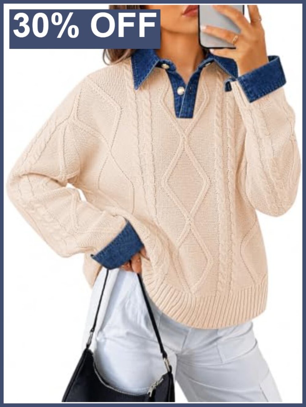 Cable Knit Sweater Denim Polo Pullover Chunky V-Neck Button Collar